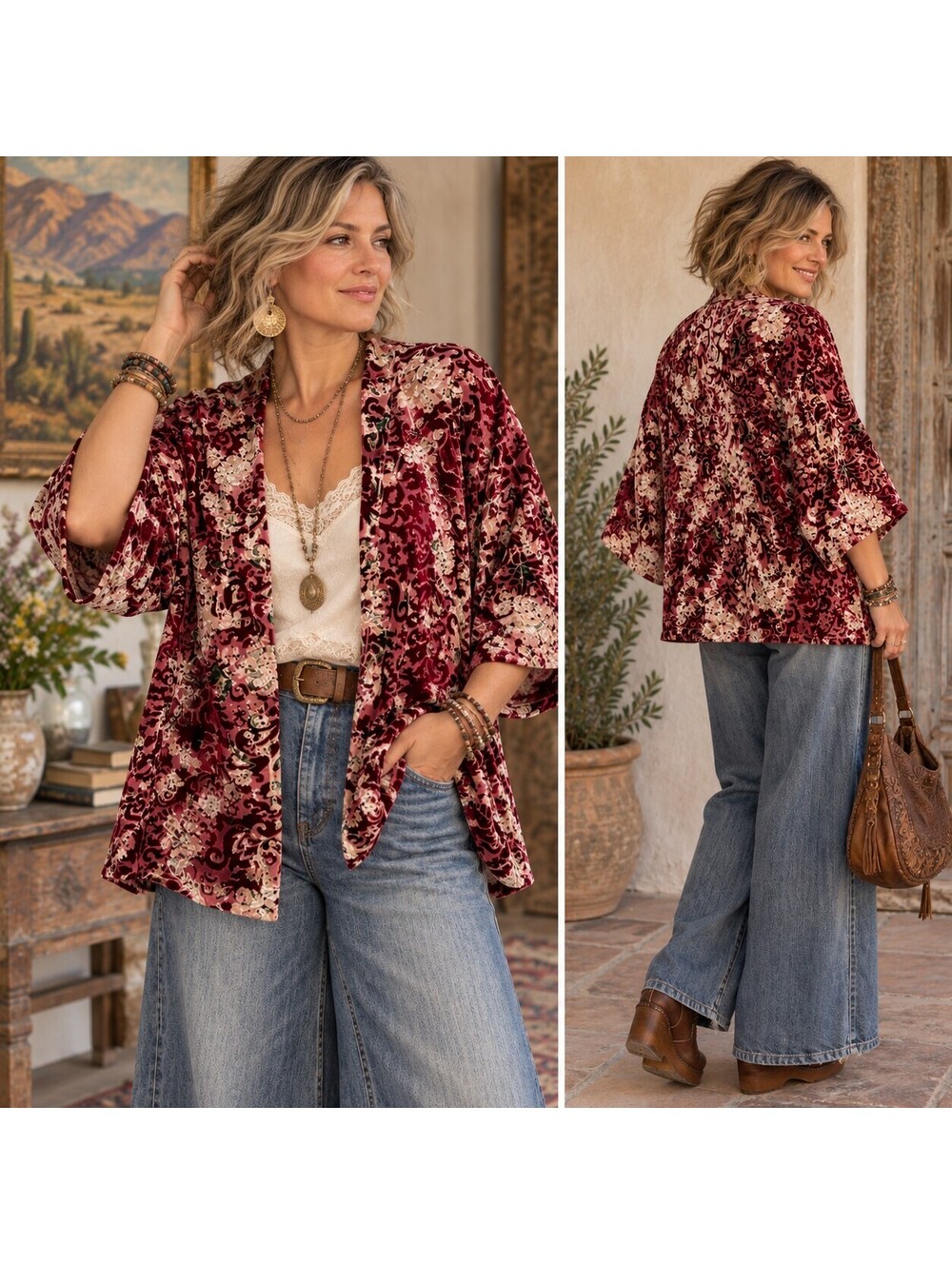 Always Indigo Kimono Velvet Burn Out Cardigan Sz 1X Floral Festival Whimsical
